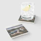 夢想（犬と草の上に横たわる少女） ストーンコースター (横)