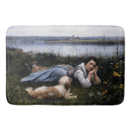 夢想（犬と草の上に横たわる少女） バスマット