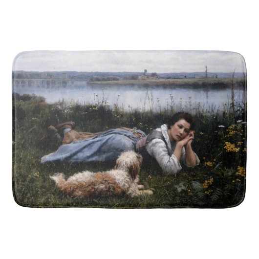 夢想（犬と草の上に横たわる少女） バスマット (正面)