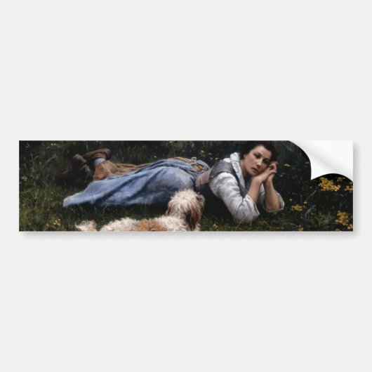 夢想（犬と草の上に横たわる少女） バンパーステッカー (正面)