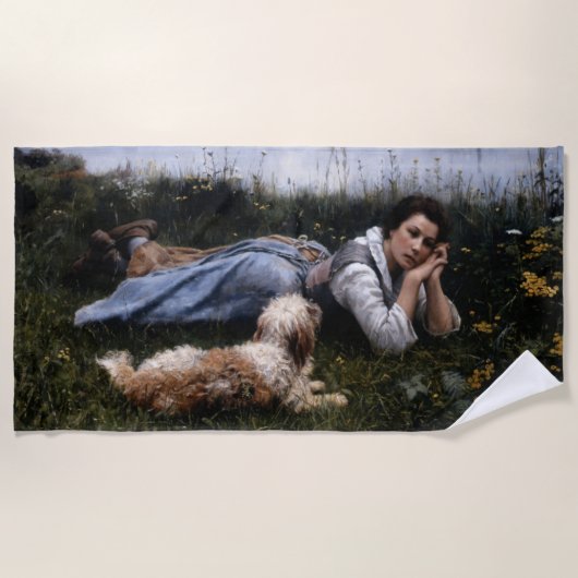 夢想（犬と草の上に横たわる少女） ビーチタオル (正面)