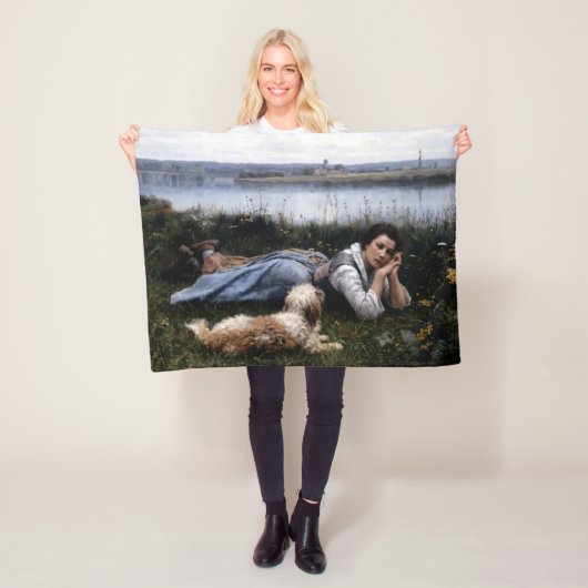 夢想（犬と草の上に横たわる少女） フリースブランケット (インサイチュ)