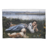 夢想（犬と草の上に横たわる少女） 枕カバー (正面左)