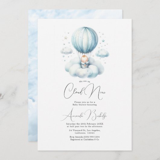 夢見るようなクラウド9ベイビーシャワー 招待状 (正面/裏面)