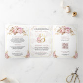夢見るようなソフトピンクの花のゴールドオールインワンウェディング 三つ折り招待状 (内部)