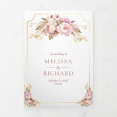 夢見るようなソフトピンクの花のゴールドオールインワンウェディング 三つ折り招待状 (カバー)