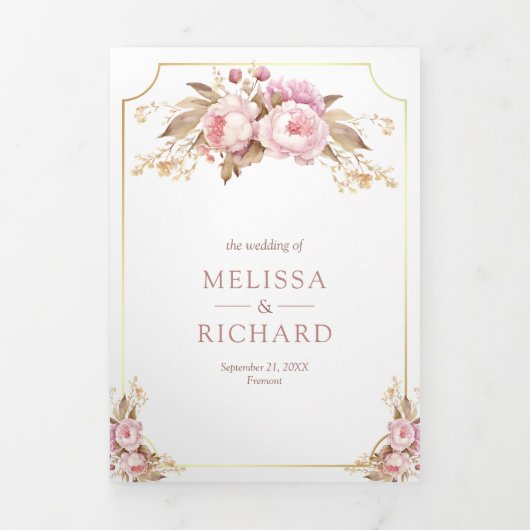 夢見るようなソフトピンクの花のゴールドオールインワンウェディング 三つ折り招待状 (カバー)