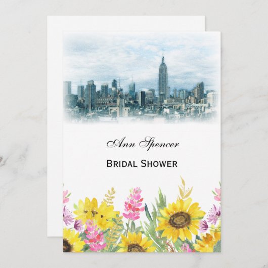 夢見るようなターコイズブルーのNYCスカイラインひまわりブライダルシャワーV 招待状 (正面/裏面)