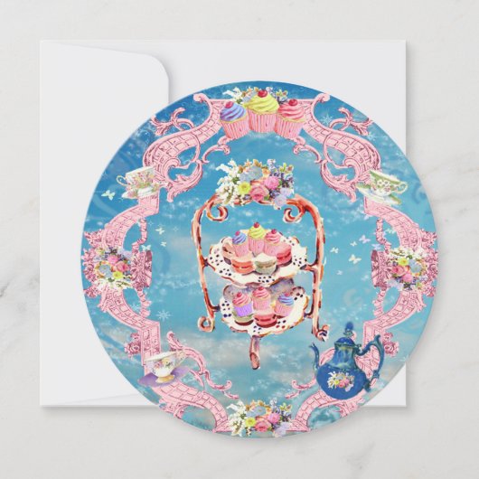 夢見るようなティーパーティーのデザインと、美味しそうなデザート カード (正面)