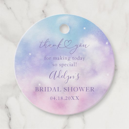 夢見るようなピンクとパープルの空のウェディングシャワーフェイスタグ フェイバータグ (正面)
