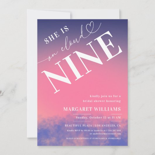 夢見るようなピンクの彼女は雲の上にいる ブライダルシャワー 招待状 (正面)