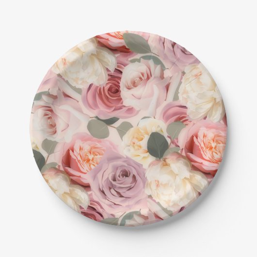 夢見るようなピンクの花のエレガントなシャビーシックなローズ ペーパープレート (正面)