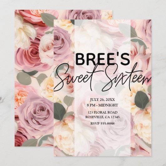 夢見るようなピンクの花の優雅なシャビーシックなスイート16 招待状 (正面/裏面)