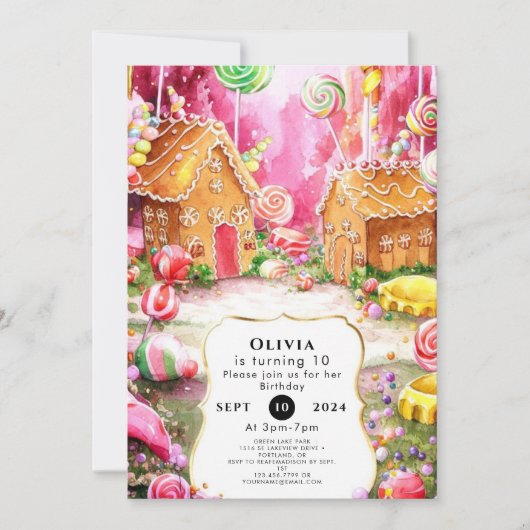 夢見るようなファンシーなキャンディーランドの誕生日 招待状 (正面)