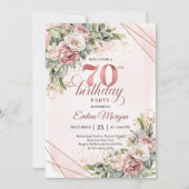 夢見るようなローズゴールドの花と緑の70歳の誕生日 招待状 (正面)