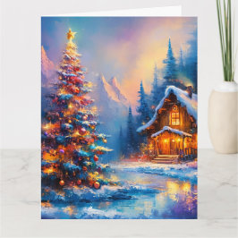 夢見るような幻想的な山のクリスマス・キャビン カード