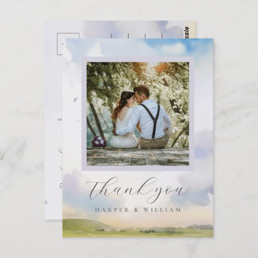 夢見るような水彩の雲のウェディングフォト感謝メッセージカード ポストカード (正面/裏面)