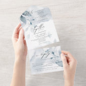 夢見るような淡い青い葉の装飾がひとつになった招待状 オールインワン招待状 (貼ってはがせる)