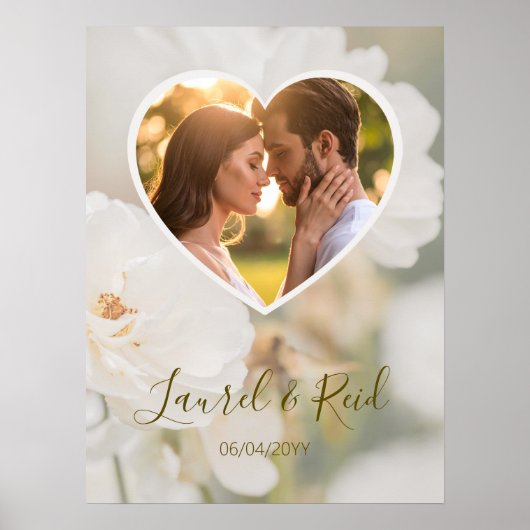 夢見るような白いバラのハート写真 新婚ウエディング ポスター (正面)