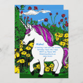 夢見るような白と紫の誕生日ユニコーン 招待状 (正面/裏面)