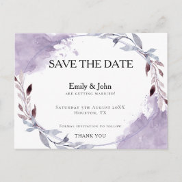 夢見るような紫の水彩の葉/ Save The Date ポストカード