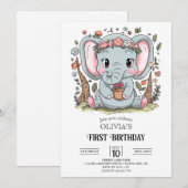 夢見るシンプルな象の1歳誕生日デジタル 招待状 (正面/裏面)