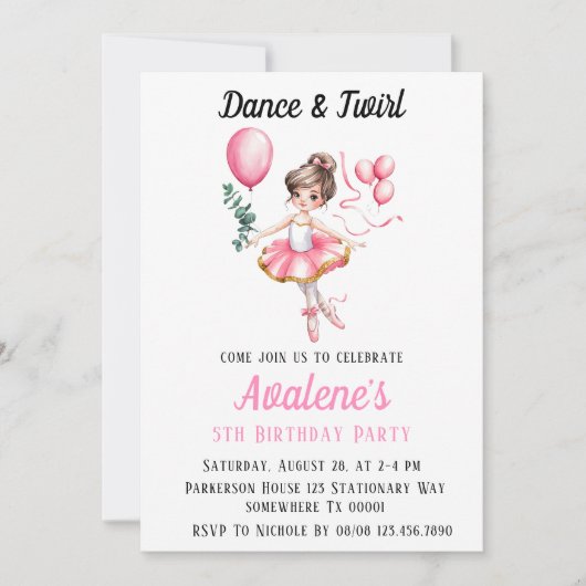 夢見るバレリーナの飛行: ダンス＆トゥワール バースデー 招待状 (正面)