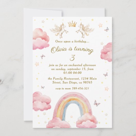夢見るピンクの虹色ユニコーンの誕生日 招待状 (正面)