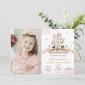 夢見るプリンセスのおとぎ話のお城のピンクの誕生日 招待状 (スタンド正面)