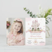 夢見るプリンセスのおとぎ話のお城のピンクの誕生日 招待状 (スタンド正面)