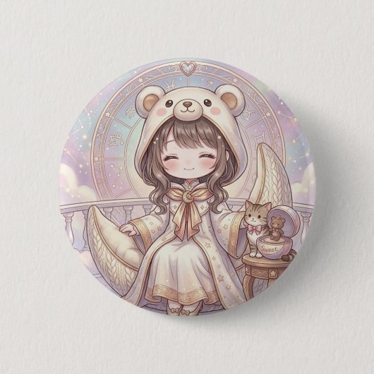 夢見るリベリ: かわいいクマパーカーの女の子と天体 缶バッジ (正面)