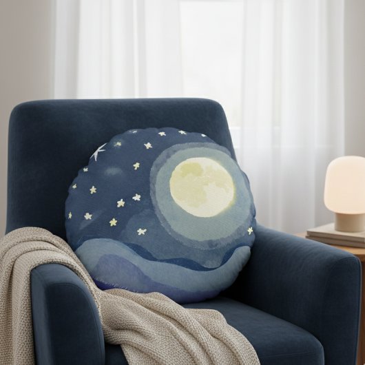 夢見る夜空のフルムーン 星 水彩アート ラウンドクッション