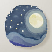 夢見る夜空のフルムーン 星 水彩アート ラウンドクッション (正面)