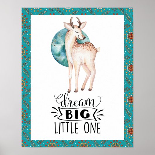 夢見る大きな鹿のボーホーブルーボーダー幼児室アートポスター ポスター (正面)
