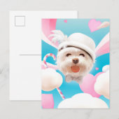 夢見る空の子犬 : 帽子と雲のビションフリーゼの笑顔 案内ポストカード (正面/裏面)