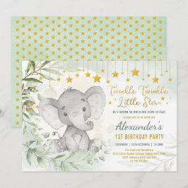 夢見る緑の月と星の象 1歳の誕生日 招待状