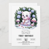 夢見る雪の結晶の白くま 1歳の誕生日 デジタル 招待状 (正面/裏面)