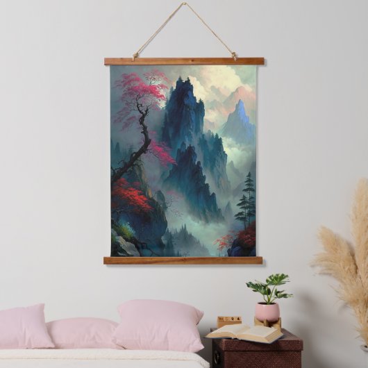 夢見霧の山の風景の壁タペストリー 吊り下げ型タペストリー (寝室)