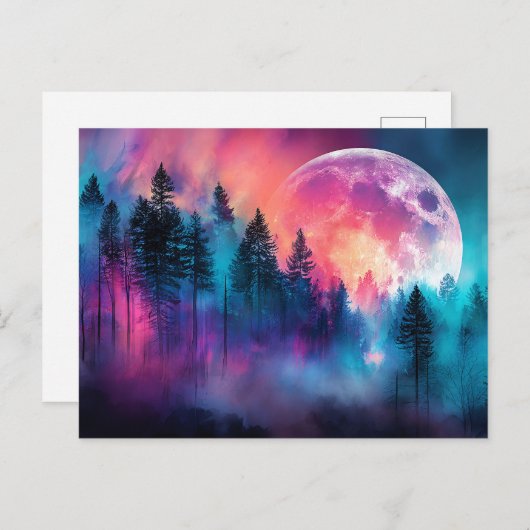 夢鮮やかのような森の中を昇る満月 ポストカード (正面/裏面)