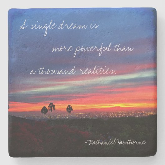 「夢」独身の引用文オレンジ&ブルーサンライズ写真 ストーンコースター (正面)
