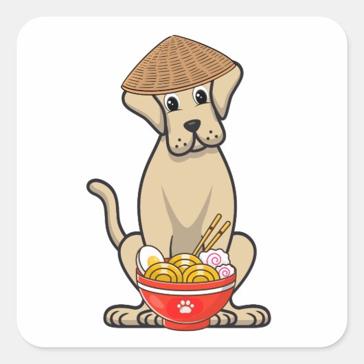 大おもしろい犬は食べ物麺だ スクエアシール (正面)