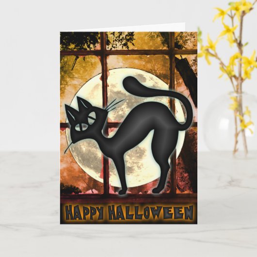 大おもしろい黒猫ハロウィーン用挨拶カード カード (黄色い花)