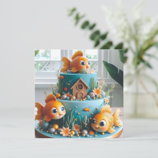 大お洒落目の金魚をテーマにしたお誕生日ケーキ カード (スタンド正面)