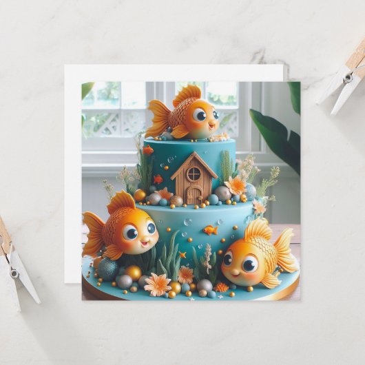 大お洒落目の金魚をテーマにしたお誕生日ケーキ カード (正面/裏面インサイチュ)
