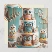 大お洒落目フクロウをテーマにしたお誕生日ケーキ 招待状 (正面/裏面)