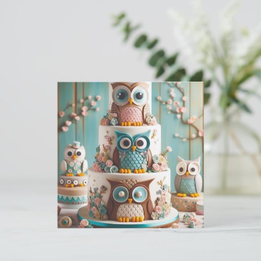 大お洒落目フクロウをテーマにしたお誕生日ケーキ 招待状 (スタンド正面)