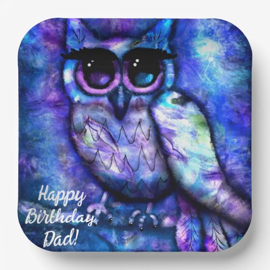 大お洒落目抽象芸術フクロウ青緑パープル ペーパープレート (正面)