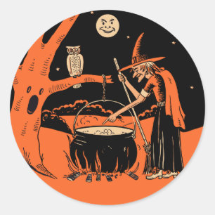 大がまのステッカーを持つヴィンテージのハロウィンの魔法使い ラウンドシール