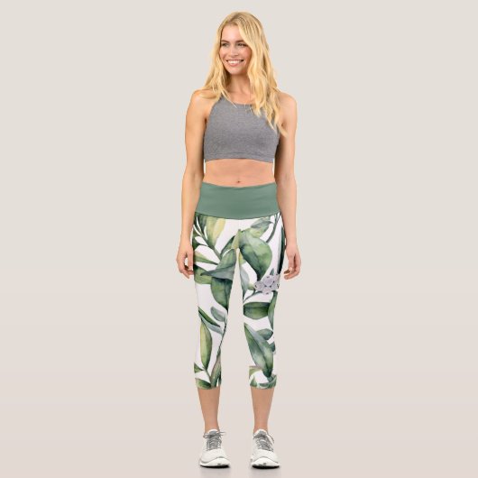 大きいはっきりした水色の葉パターン カプリレギンス (正面)