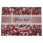 大きいばら色の金ゴールドのフェイクなグリッターおよびダイヤモンド ラージペーパーバッグ (正面)